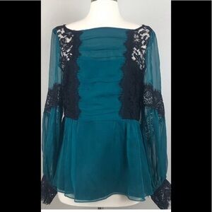 Nanette Lepore Teal Blue Lace Silk Blouse